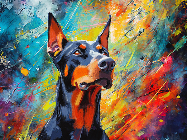 Painting of a Doberman dog over an abstract background